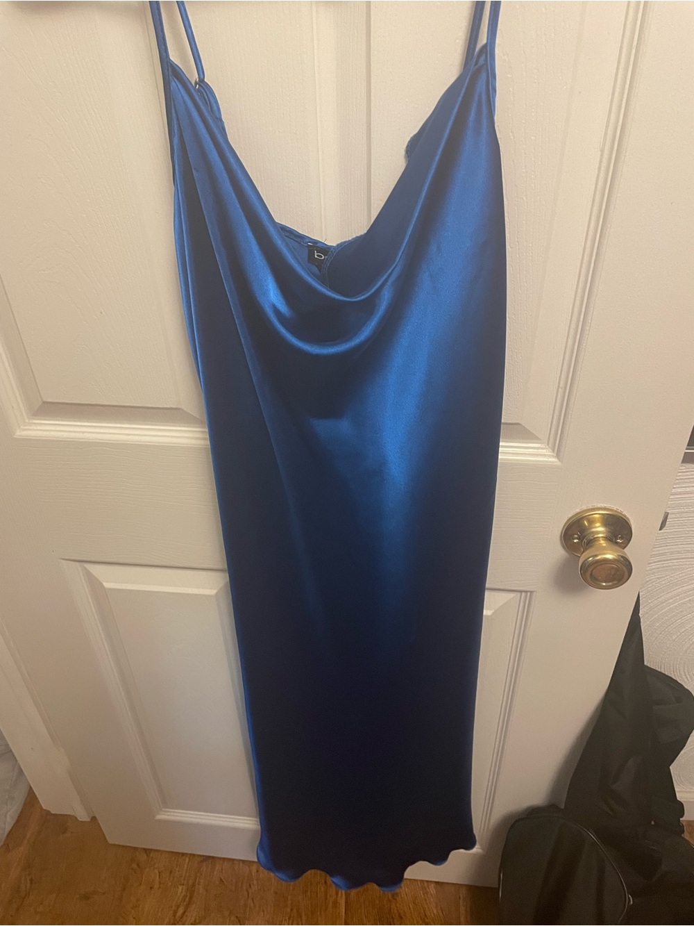 bebe Cowl-Neck Satin Slip Dress in Royal Blue
